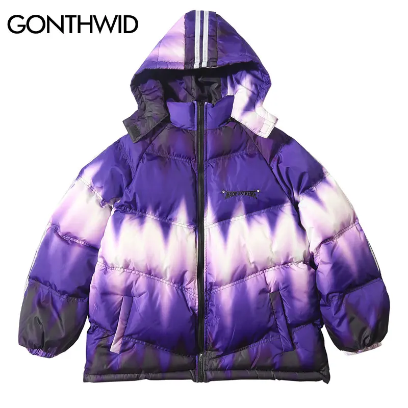 GONTHWID 3 м Светоотражающие Полосы Tie Dye Puffer хлопковые стеганые съемные парки с капюшоном уличная хип-хоп Повседневная Толстая парка куртка