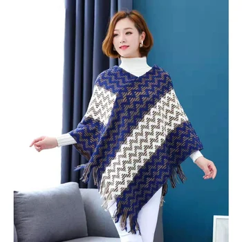 

2019 Autumn Chic Knitting Wave Striped Tassel Cape Sweater V neck tassel Hem Fringed Knitwear Retro Causal Jumper clothing
