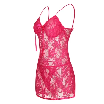 

Womens Underwear Sexy Mesh Mini Dress Sleepwear Transparent Nightwear Exotic Sling Lingerie Lace Pajamas with G String Thong