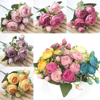 

30cm Rose Pink Silk Bouquet Peony Artificial Flowers 5 Big Heads 4 Small Bud Bride Wedding Home Decoration Fake Flowers Faux