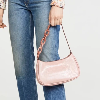 

Acrylic Chain Design Handbags PU Leather Small Shoulder Bags For Women 2020 New White Crocodile Pattern Bags Female Hand Bag