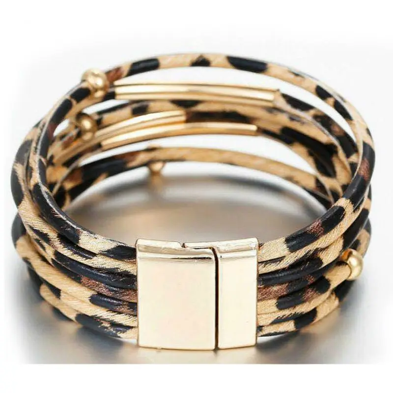 

Leopard Leather Memory Wire Bracelet Multilayer Wrap Wide Bracelet Women Jewelry U50C