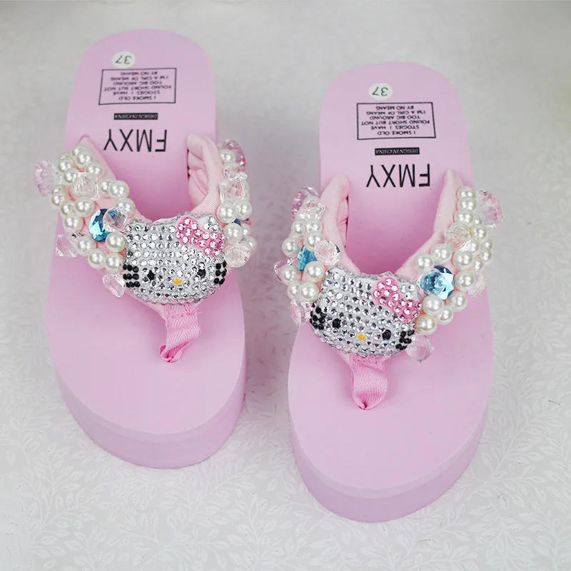 Leisure Shoes Online Lady Sewing Pearl Womens Beach Slippers Fashion High Heel Platform Wedge Flip Flops52