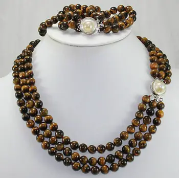 

Natural 3 rows 8mm Africa Roaring Tiger Eye Necklace, Bracelet 17-19"/7.5"