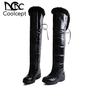 

CoolCept New Women Over Knee Boots Winter Keep Warm Plush Snow Boots Lace Up Flats Waterproof Shoes Women Footwear Size 33-43