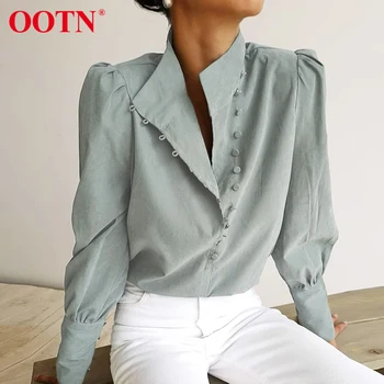 OOTN Elegant Turtleneck Blouse Long Sleeve White Shirt Office Ladies Top Casual Solid Single-Breasted Puff Sleeve Womens Blouses 1