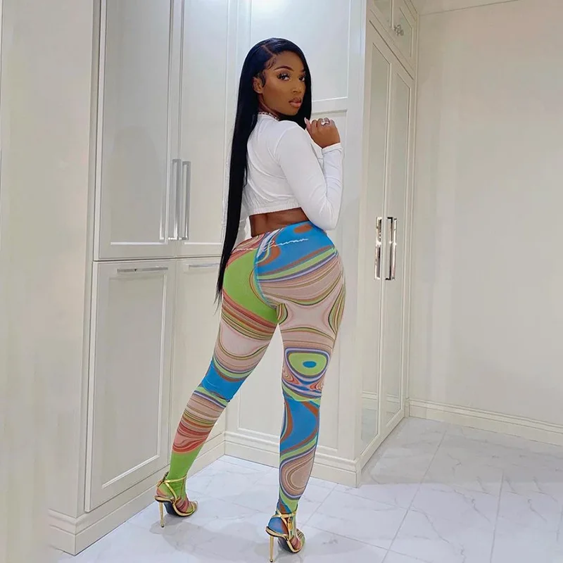 Athleisure na Moda Whirlpool Impresso Malha Leggings Sexy Lápis Calças Streetwear Feminino Cintura Alta Clube Outfits D85-ah10 Anjam12v 11 Cheap Calças e capris
