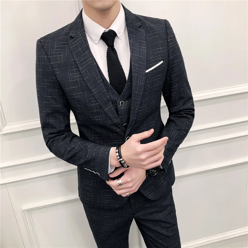

Four Seasons Casual Suit Set Men Business Stripes Groom Best Man Service Three-piece Set Korean-style Slim Fit MEN'S Suit