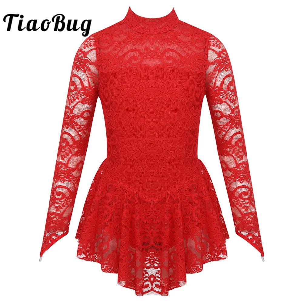 

Kids Girls Floral Lace Figure Ice Skating Dress Gymnastics Leotard Ballroom Competition Long Sleeves Mock Neck Dance Costume