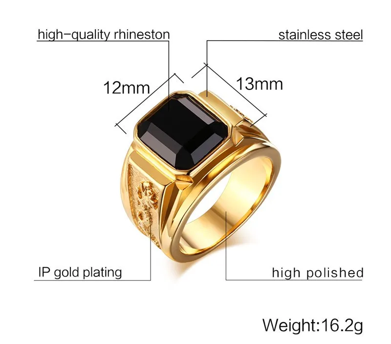 Мужское кольцо-печатка из нержавеющей стали с черным камнем для мужчин, золотого цвета, Клубные вечерние Обручальные кольца Anillos, модные ювелирные изделия