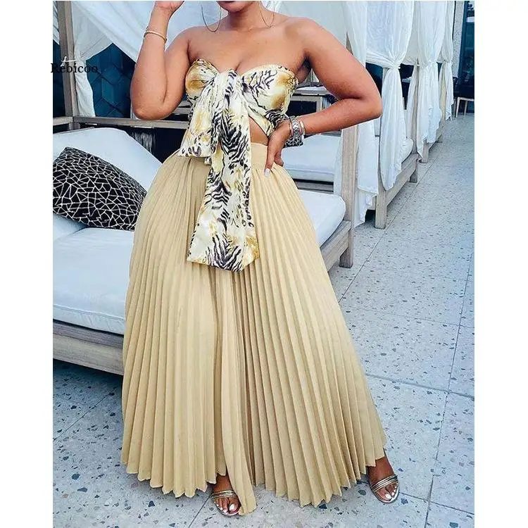 

Women Two Piece Sets Bandage Sleeveless Strapless Crop Tops Long Pleated Skirts Sexy Fashion Women Outfits Summer
