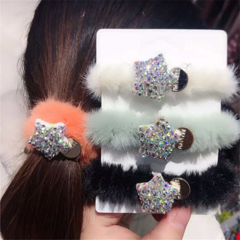 The new imitation rabbit fur head rope cute mink hair ornaments point diamond five-pointed star rubber band thick hair circle