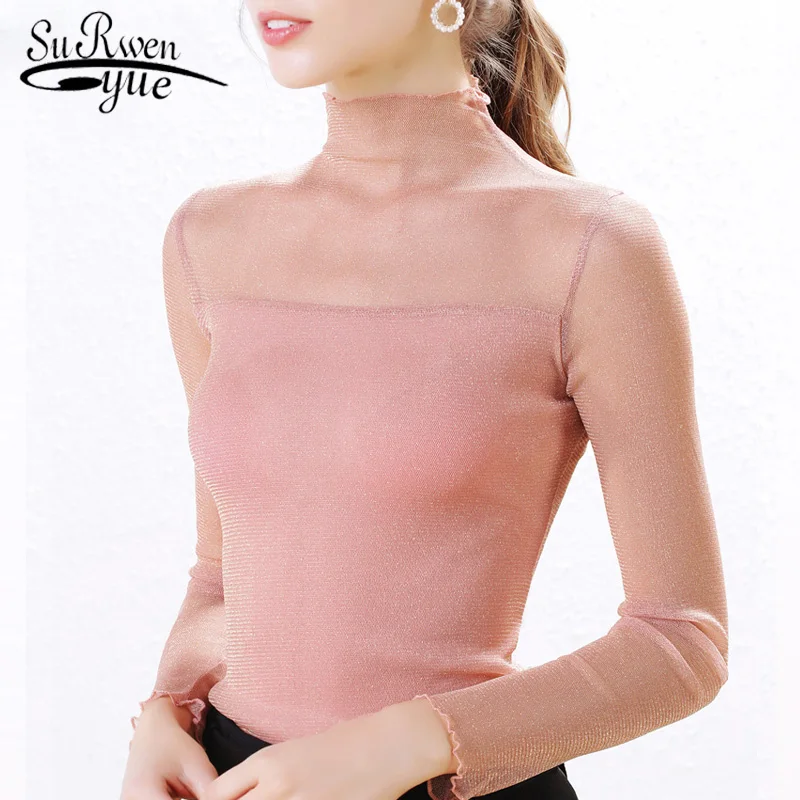 

Turtleneck Mesh Women Tops and Blouses Blusas Mujer De Moda 2019 Sexy Hollow Plus Size Slim Solid Long Sleeve Shirts 5905 50