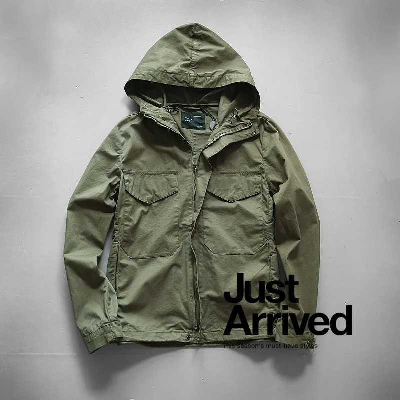 Autumn Winter M65 Zipper Woven Hooded Short Windbreaker Coat Men's Fashion Pure Cotton Washed Old Casual Thin Jacket waterproof windbreaker jacket,casual men jacket