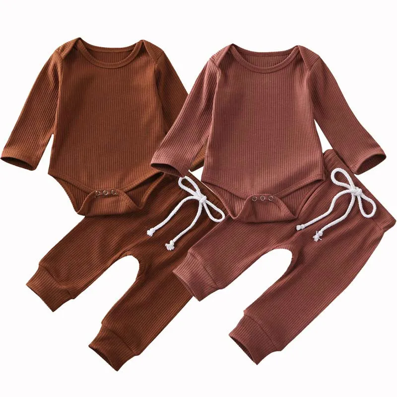2020 Baby Spring Autumn Clothing 2pcs Newborn Boy Girl Clothes Long Sleeve Romper Tops+Long Pants Ribbed Solid Outfit Set | Детская