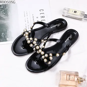 

whosong fashion women sandals flat jelly shoes bow V flip flops stud beach shoes summer rivets slippers Thong sandals nude f75