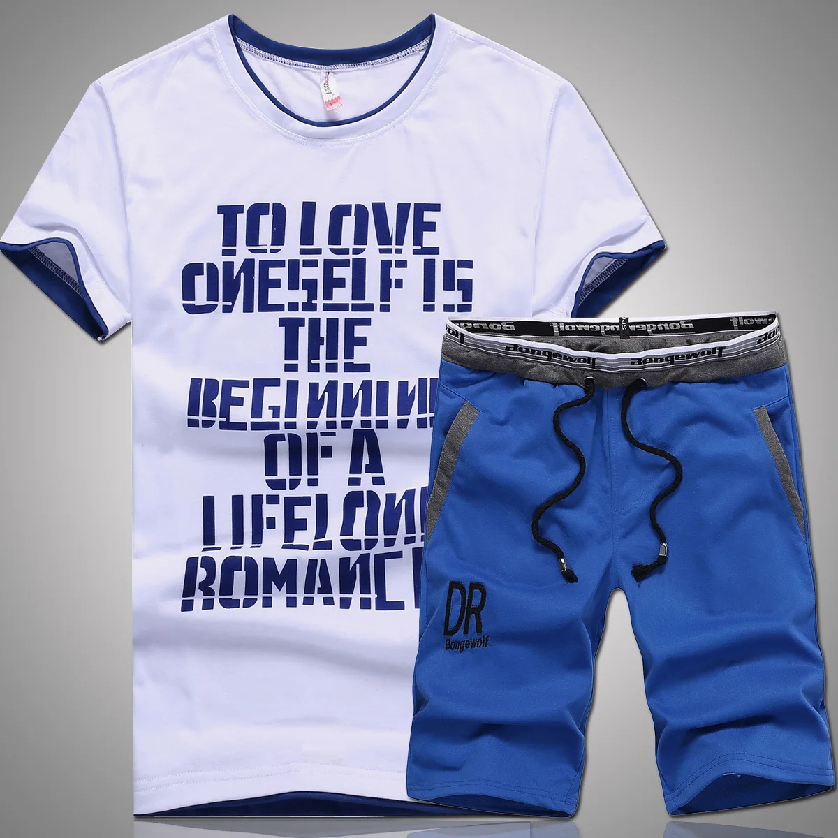 

New Style Summer Short T-shirt Men'S Wear Teenager English Printed Letter Casual Shorts Sports Two Piece Set-
