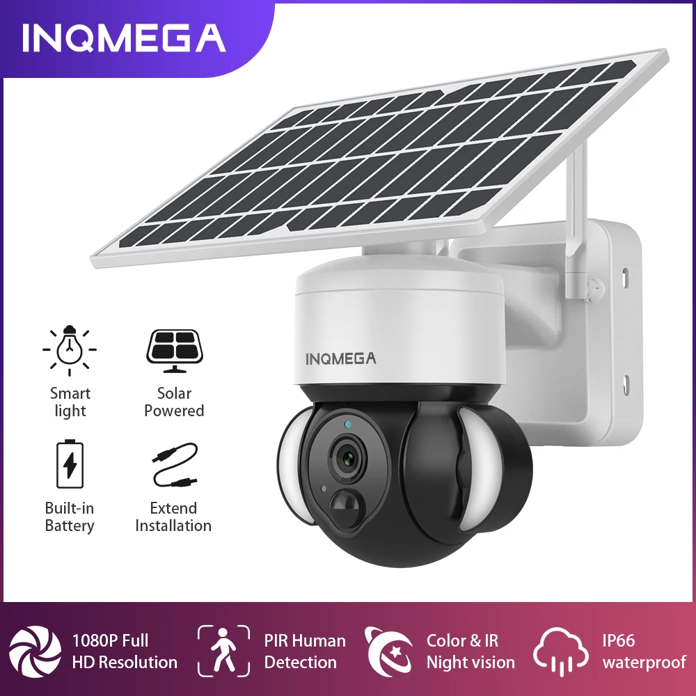 INQMEGA Outdoor Solar Camera 4G SIM / WIFI Wireless Security Detachable Solar Cam Video Surveillance with Fooldlight inqmega 4mp wifi solar panel wifi outdoor camera security ptz cctv pir motion detection detachable battery surveillance camera