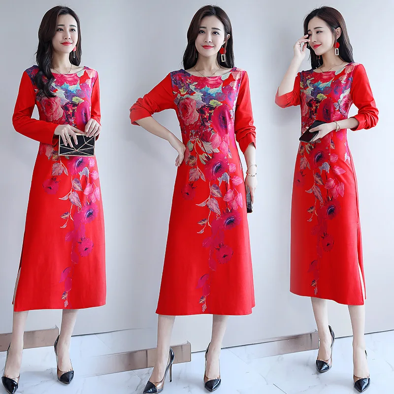 

Spring And Autumn New Style Mid-length Vintage Printed Long Sleeve Large Size Skirt Slim Fit Slimming Crew Neck Pullover One Pie