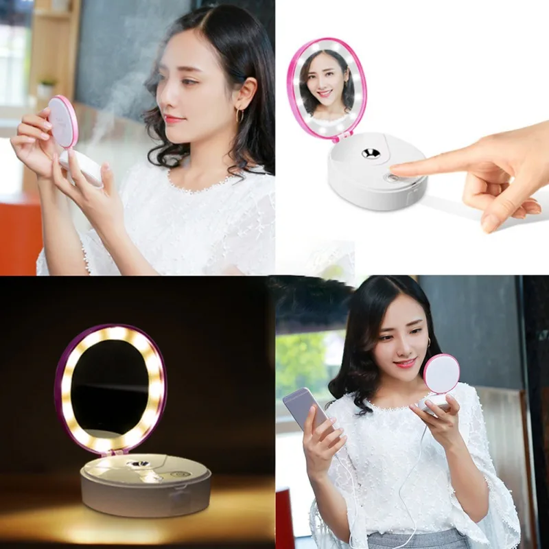 USB Nano Mist Spray With Led Makeup Mirror Moisturizing Skin Portable Handheld Face Steamer Mini Cosmetic Mirror Face maquiagem