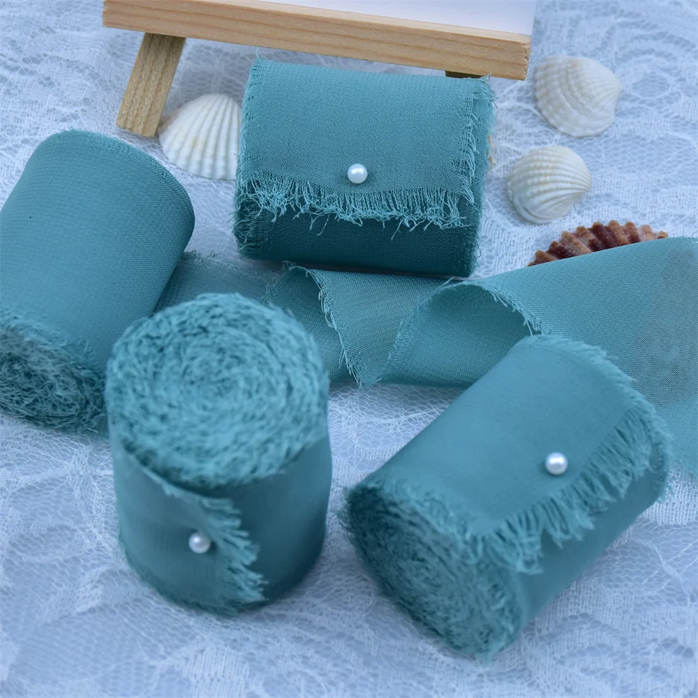 GIAMA Nastro In Chiffon Con Frange Fatte A Mano – 4 Rotoli 4,5 Cm X 5,5 M, Colore Dusty Blue, Per Bouquet E Confezioni Regalo - 2