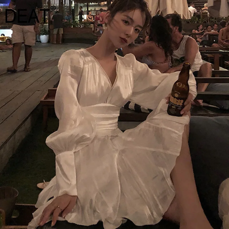 

DEAT 2020 new spring and sumemr fashion women clothes V-neck lantern sleeves high waist quality sexy vacation dress WK42900XL