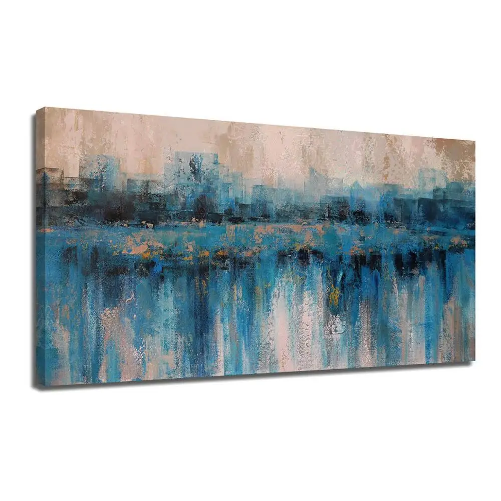 Hand Painted Canvas Wall Art Abstract Large Size Modern Blue Themes Cityscape Textured Painting One Panel Artwork | Дом и сад