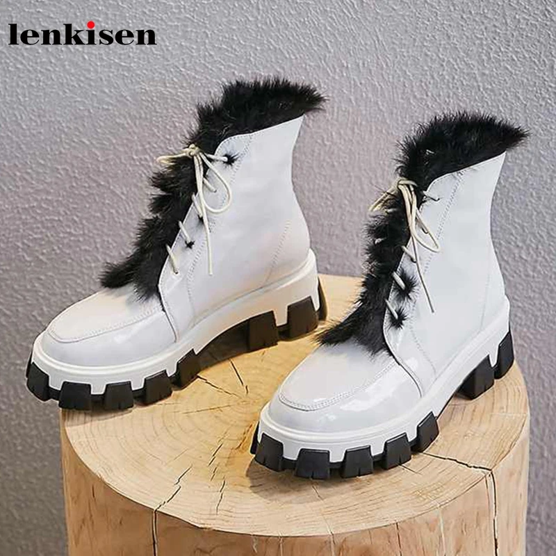 

Lenkisen surp warm genuine leather Rabbit hair round toe high heels thick bottom platform lace up winter women ankle boots L45