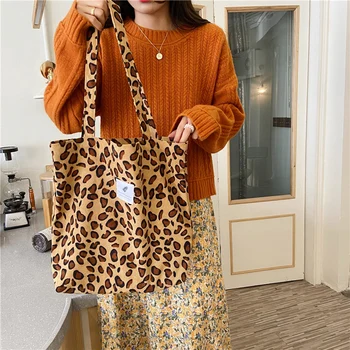 

2020 Retro Leopard Pattern Shoulder Bags Women New Winer Warm Corduroy Large Capacity Tote Bags Female Daily Shopping Bags