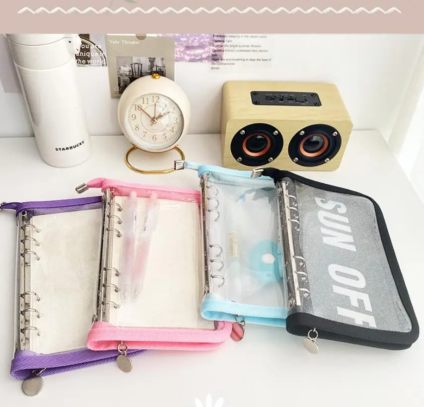 A6 6 링 바인더 커버 PVC 지퍼 지갑 파우치 폴더 투명 방수 루스 리프 백 리필 필러 주최자 노트북 용