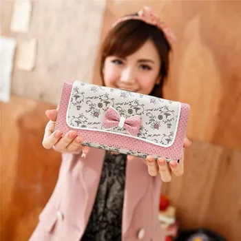 

Bowknot Cute Wallet Pink Painted Woman High Quality Long Wallets Small Fresh Kawaii Ladies Girls Fashion Wallet