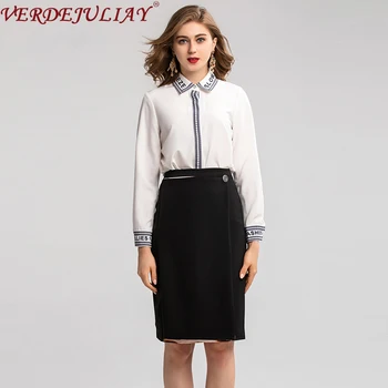 

VERDEJULIAY 2019Fashion Runway Autumn Office Suit Women's Letter Print White Shirt And Floral Pzrinted Skirt Lady Two Pieces Set