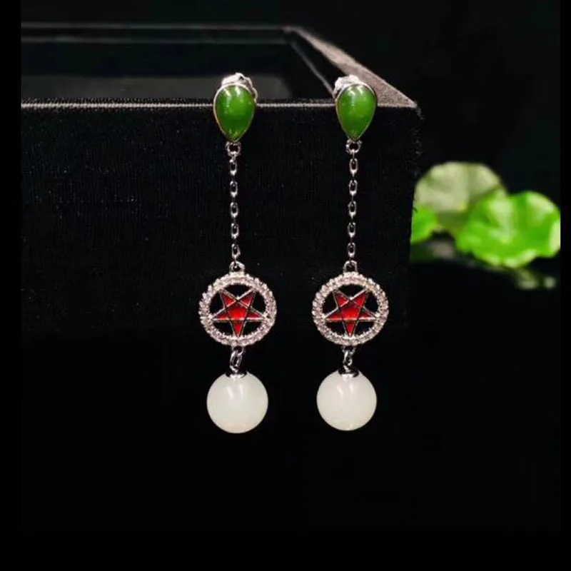 Original Design Natural 925 Sterling Silver Hetian White Jade Round Zircons Set Five-pointed Stars Stud Earrings |