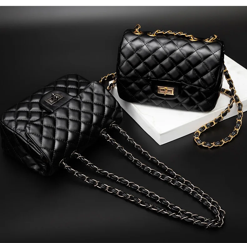 Luxury Handbags Women Bags Designer 2019 New Gold Chain Flap Purse for Ladies Soft Leather Quilted Plaid Lock Shoulder Bag Black (1)