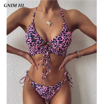 

GNIM Bandage Bikini Mujer 2020 Sexy Leopard Print Swimwear Women Two Pieces Summer Beachwear Halter High Cut Brazilian Swimsuit