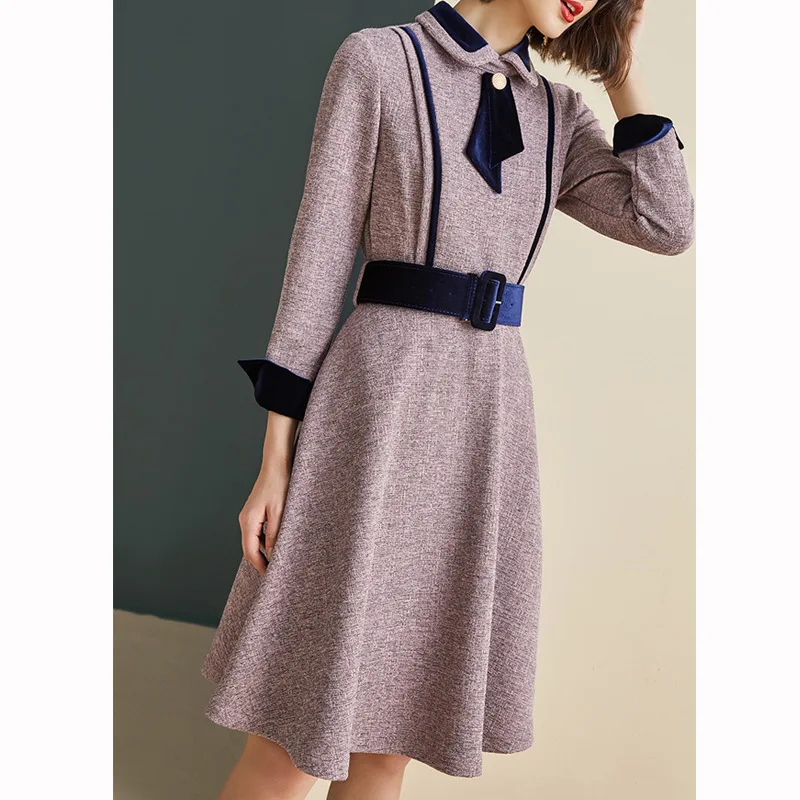 

Europe And America Winter New Style Shirt Skirt Waist Hugging Big Hemline Debutante Elegant Bow Splicing Dress Women's