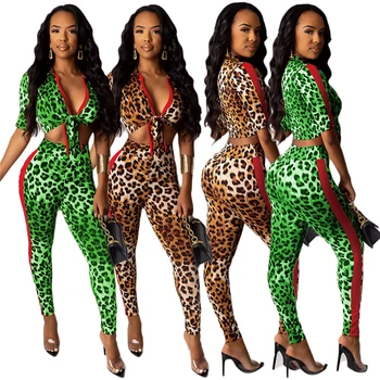 

2020 New Leopard Print Color Patchwork 2 Piece Set Women Sexy Suit Front Tie Half Sleeve Shirt Crop Top Pencil Pants Club Outfit
