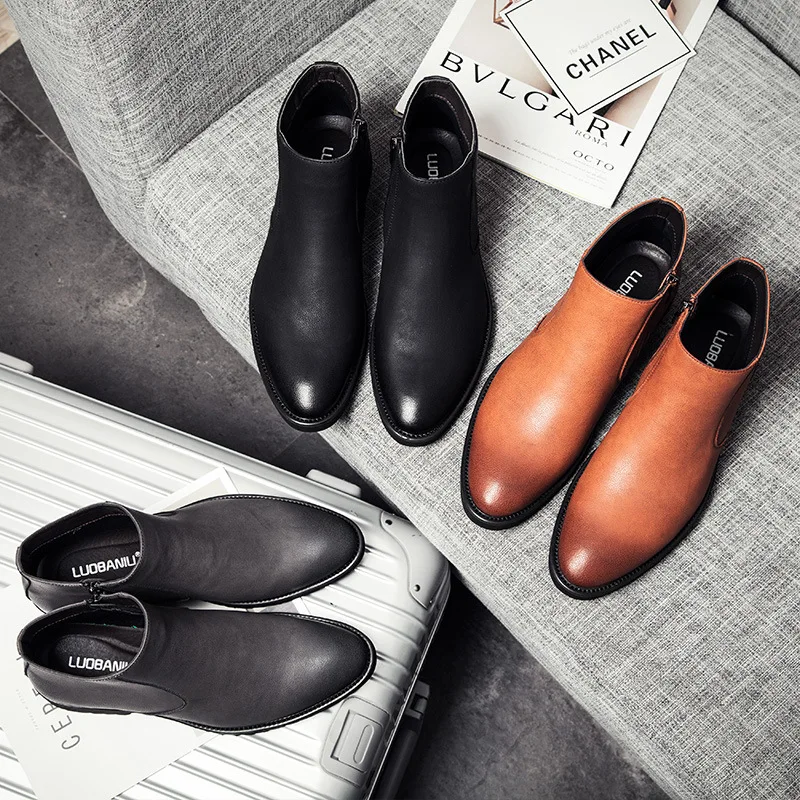 Men Leather Boots Spring Fashion Convenient Zip Pointed Toe Business Dress Black Brown Ankle