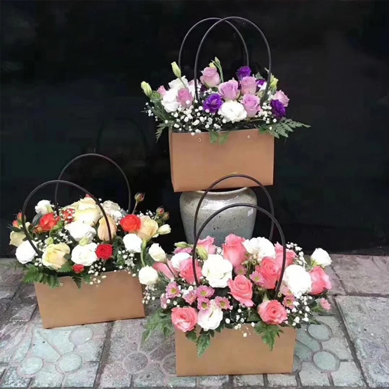 

PVC/Kraft Paper Box Mini Stand Up Gift Storage Wrap Package DIY Flower Packing Decorative Carry Bag with Handles Bouquet Handbag