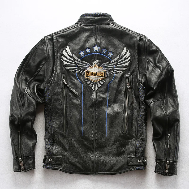 Мужская мото rcycle кожаная куртка с вышивкой орла 007 юбилей мото байкерская куртка корова мужская кожаная куртка - Цвет: black