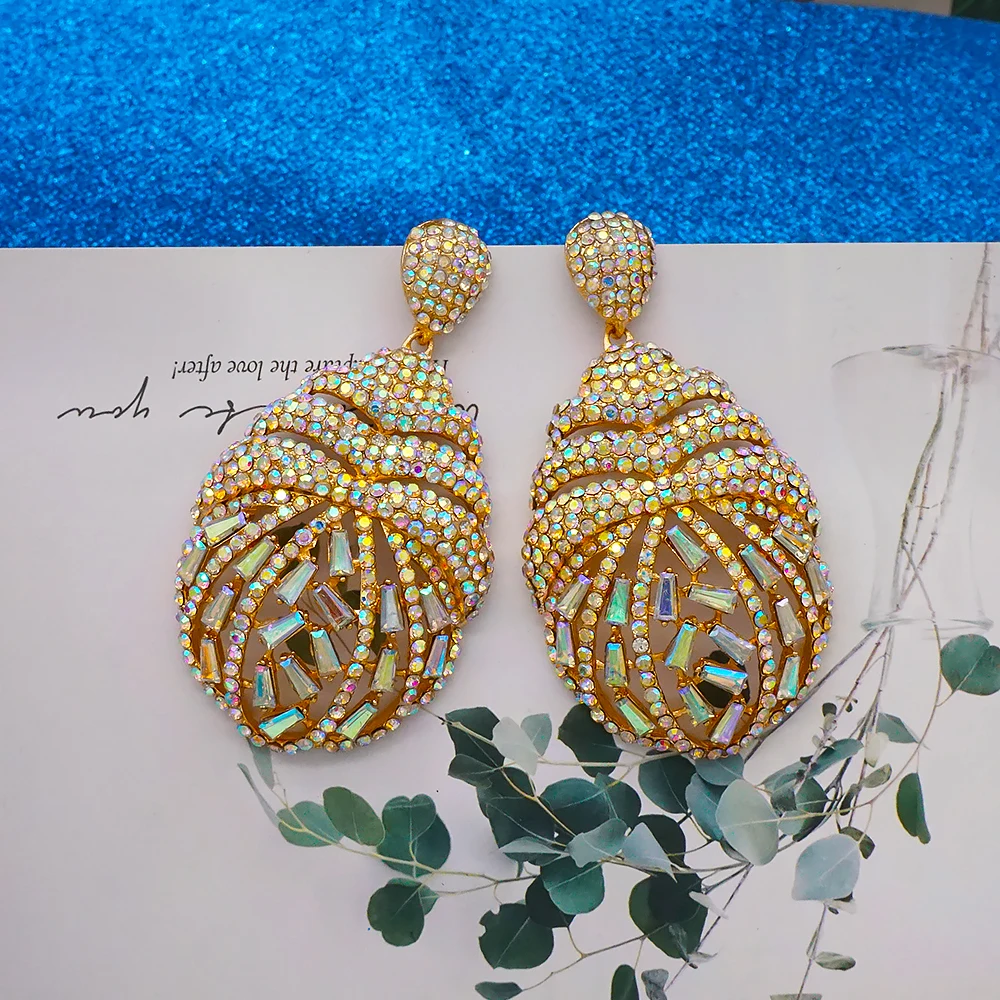 Luxury Rhinestone Earrings For Women Ladies Wedding Gold Color Full Stone Drop Earrings Crystal Jewelry Accessorie