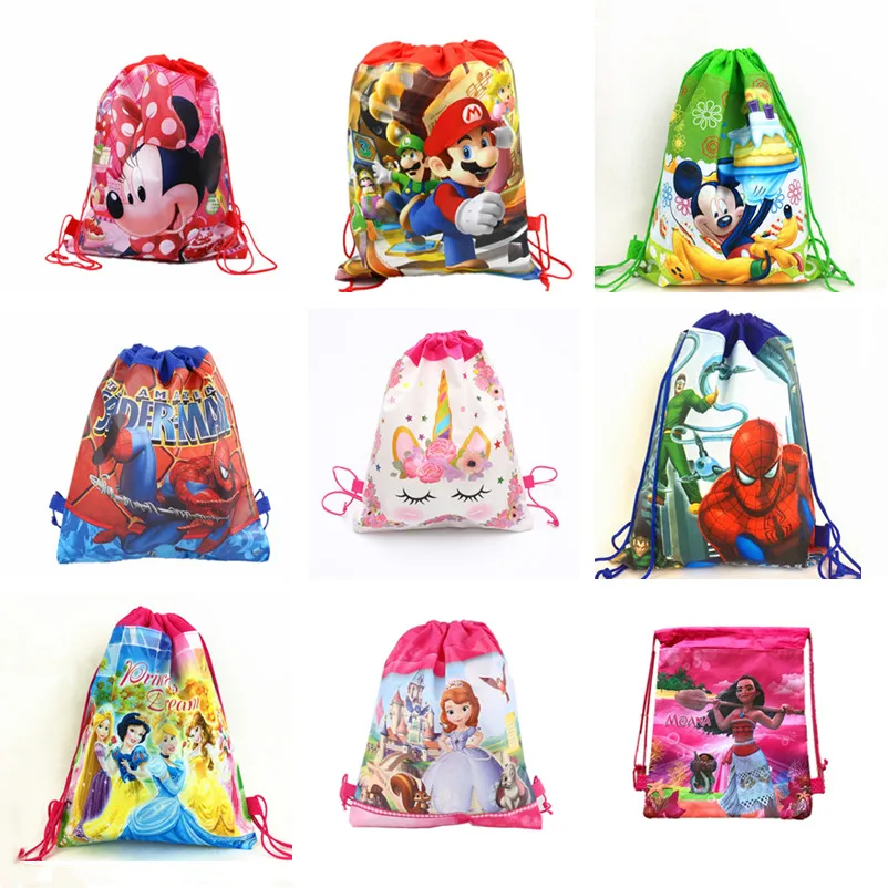 

20pcs Carttoon Minnie/Mickey/Princess/Mario/Spiderman drawstring bag kids school Backpack unicorn party supplies gift bag