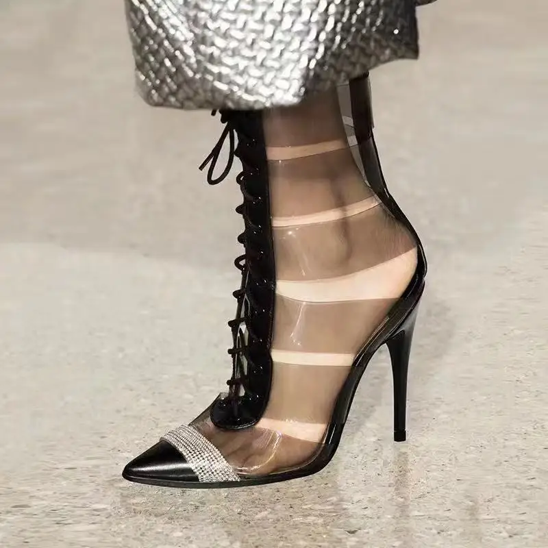 

Spring women's lace-up high heels shoes transparencies hollowed-out rhinestone pointed boots pointed toe thin heel women shoes