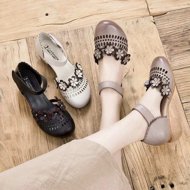 

2019 Summer round-Toe Retro WOMEN'S Leather Sandals Velcro Tendon Soft-Sole Semi-high Heeled WOMEN'S Shoes Shallow Mouth