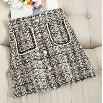 khaki skirt Женская зимняя теплая короткая шерстяная юбка с высокой талией, с карманами, на пуговицах спереди, клетчатые юбки, высокая мода, saias faldas - Цвет: khaki skirt