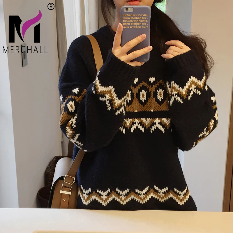 Women Winter Cristmas Sweater Jacquard Knitted Tops Pullovers Vintage Casual Plus Size Sueter Mujer Maglioni Donna