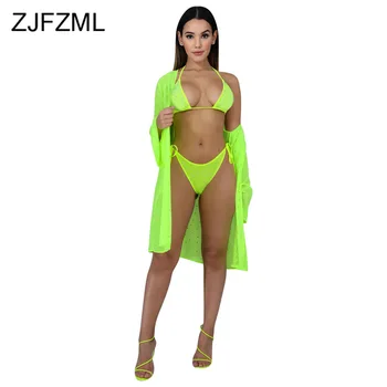 

Neon Green Sequins Patchwork 3 Piece Set Summer Club Outfit Halter Neck Backless Crop Top+Short Panties+Long Cardigan Beach Suit