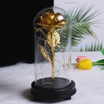 

Valentine's Day Gold Foil Artificial Flower Red Rose With LED Light In Glass Dome For Wedding Party Christmas Day Gift 2020