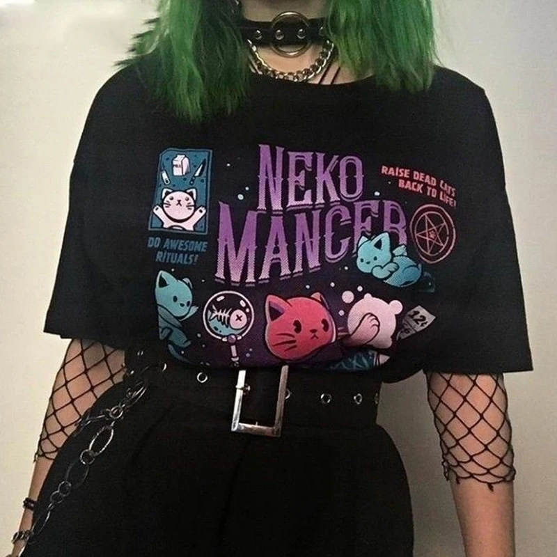 Harajuku YF Neko Mancer футболка унисекс модная симпатичная Эстетическая гранж черная Satantic