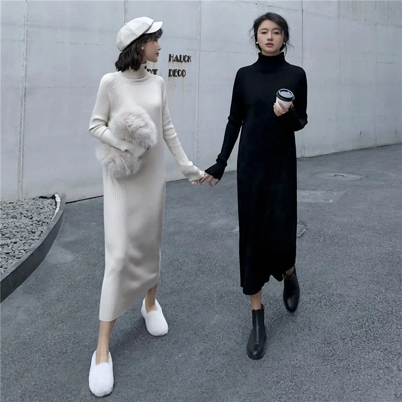 Harajuku женское платье свитер водолазка толстые длинные вязаные свободные вечерние
